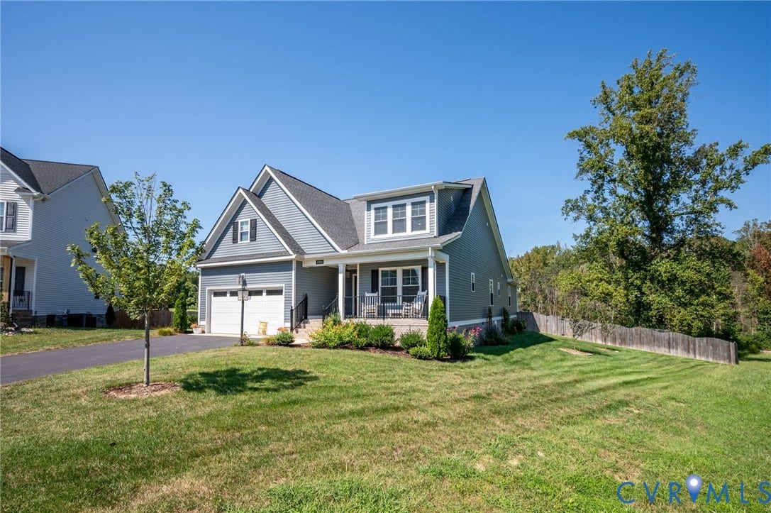 11804 Rydal Way, Cobbs Creek, Glen Allen, VA 23059 Gable-front home featuring gray siding, a two-car garage, and a covered porch