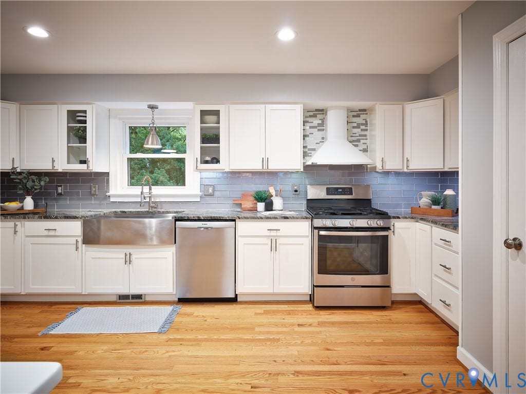 1708 Windingridge Court, Henrico, VA 23238 Everything you love in a kitchen: stainless appliances and farmhouse sink, hardwoods, large, farmhouse sink, under-cabinet lighting and custom range hood and pantry.