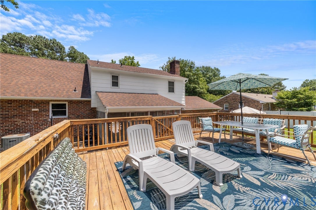 Expansive wood deck with railing