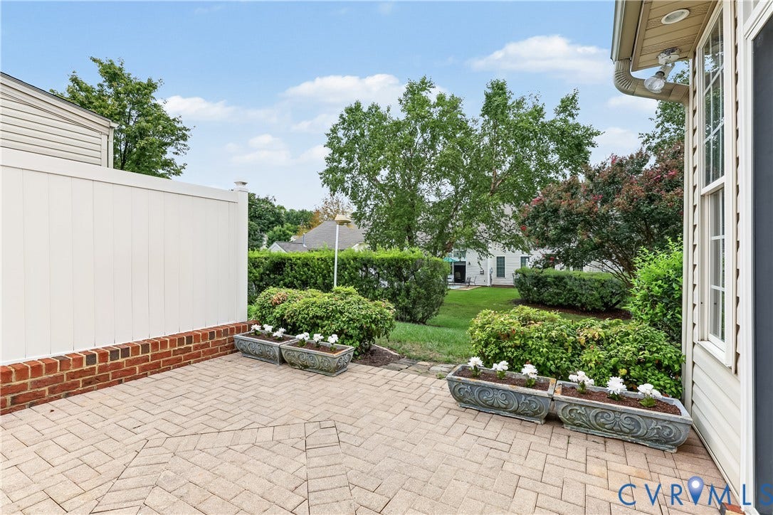 Private Patio Overlooks Landscaped Backyard.