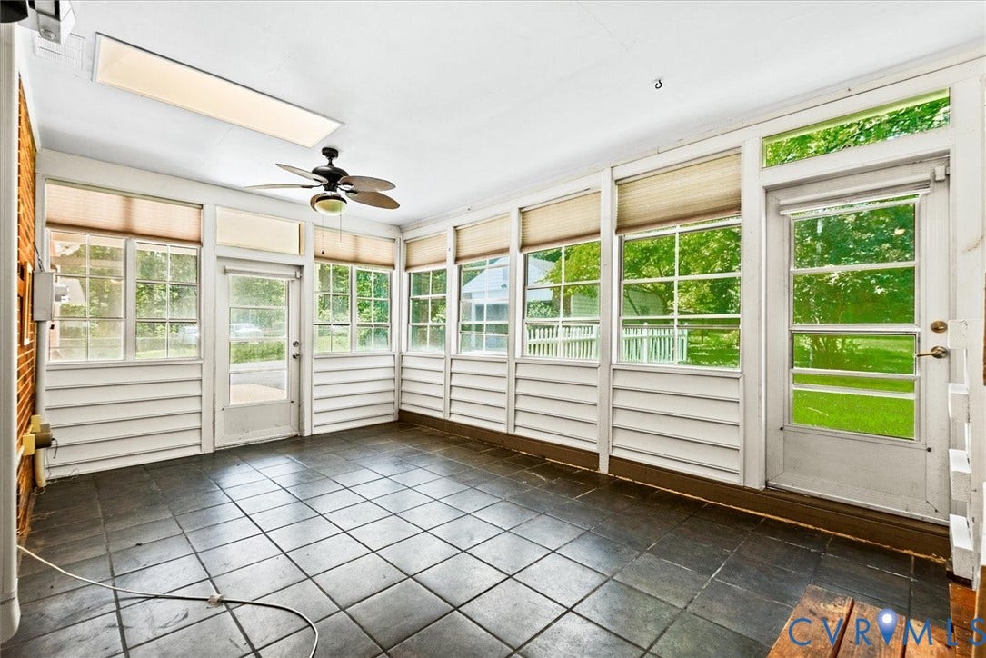 13012 Harrowgate Road, Chesterfield, VA 23831 Enclosed patio with dark tile flooring, multiple windows, two exterior doors, a ceiling fan, and overhead lighting