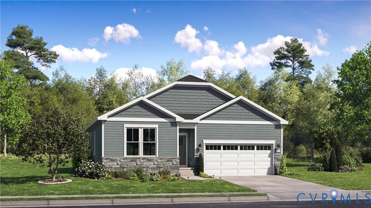 3737 Larimar Lane, Everstone, Richmond, VA 23223 Single-story residence featuring a gray siding and stone facade, white trim accents, a two-car garage, and a gabled roofline