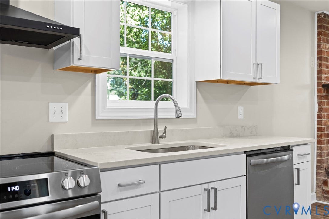 606 Effingham Drive, Woodhaven, Richmond, VA 23224 Contemporary kitchen featuring white cabinetry, light-toned countertops, stainless steel appliances, and a stainless steel sink with a gooseneck faucet