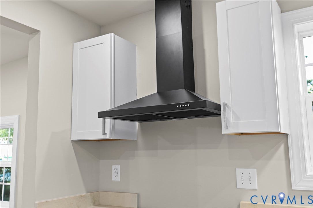 606 Effingham Drive, Woodhaven, Richmond, VA 23224 Black range hood, white shaker-style cabinetry, and a light-toned countertop