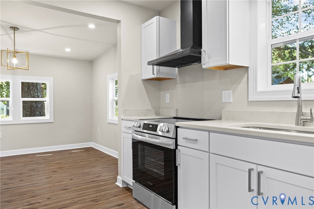 606 Effingham Drive, Woodhaven, Richmond, VA 23224 White shaker-style cabinetry with chrome hardware, light-toned countertops, and a stainless steel appliance suite