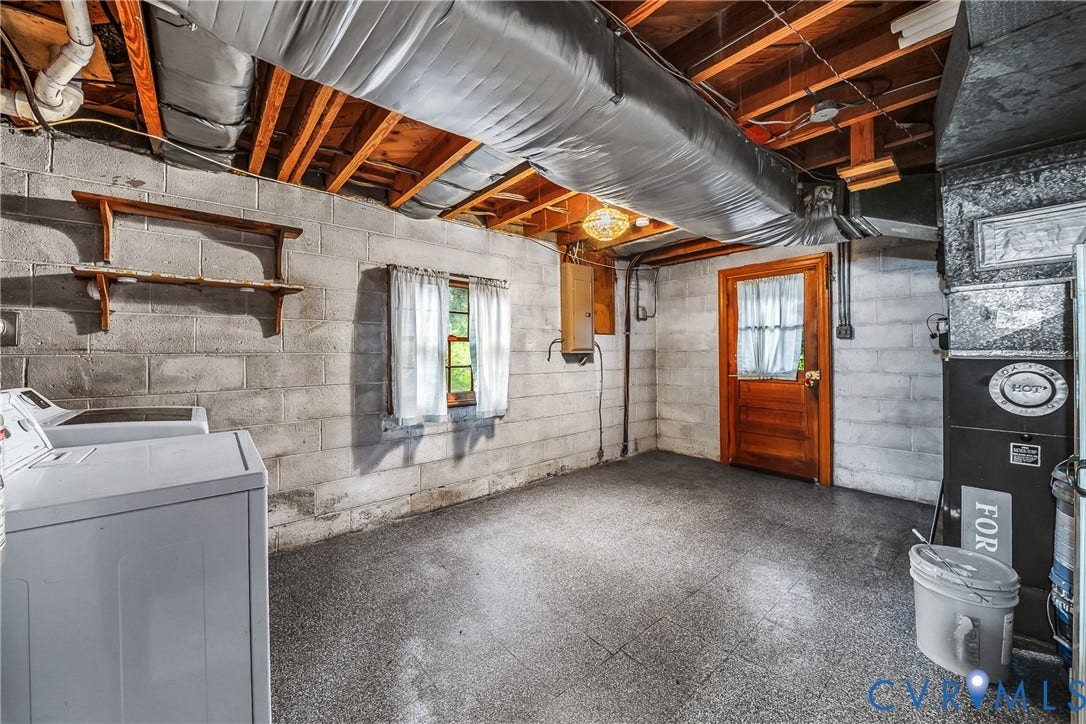 7548 Piney Branch Road, Stratford Hills, Richmond, VA 23225 Concrete block walls, exposed wood ceiling joists, grey utility flooring, wood door, and a small window
