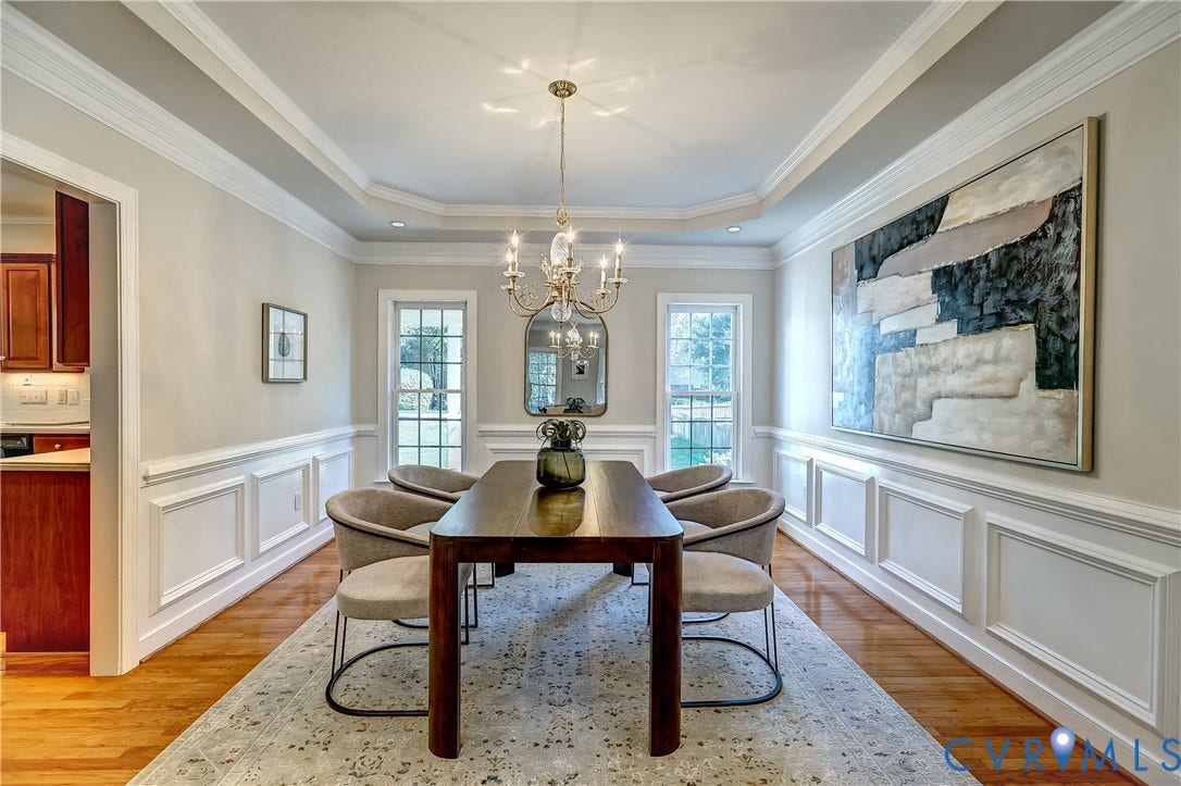 5204 Harvest Glen Drive, Twin Hickory, Glen Allen, VA 23059 Hardwood flooring with a tray ceiling, wainscoting, and a chandelier