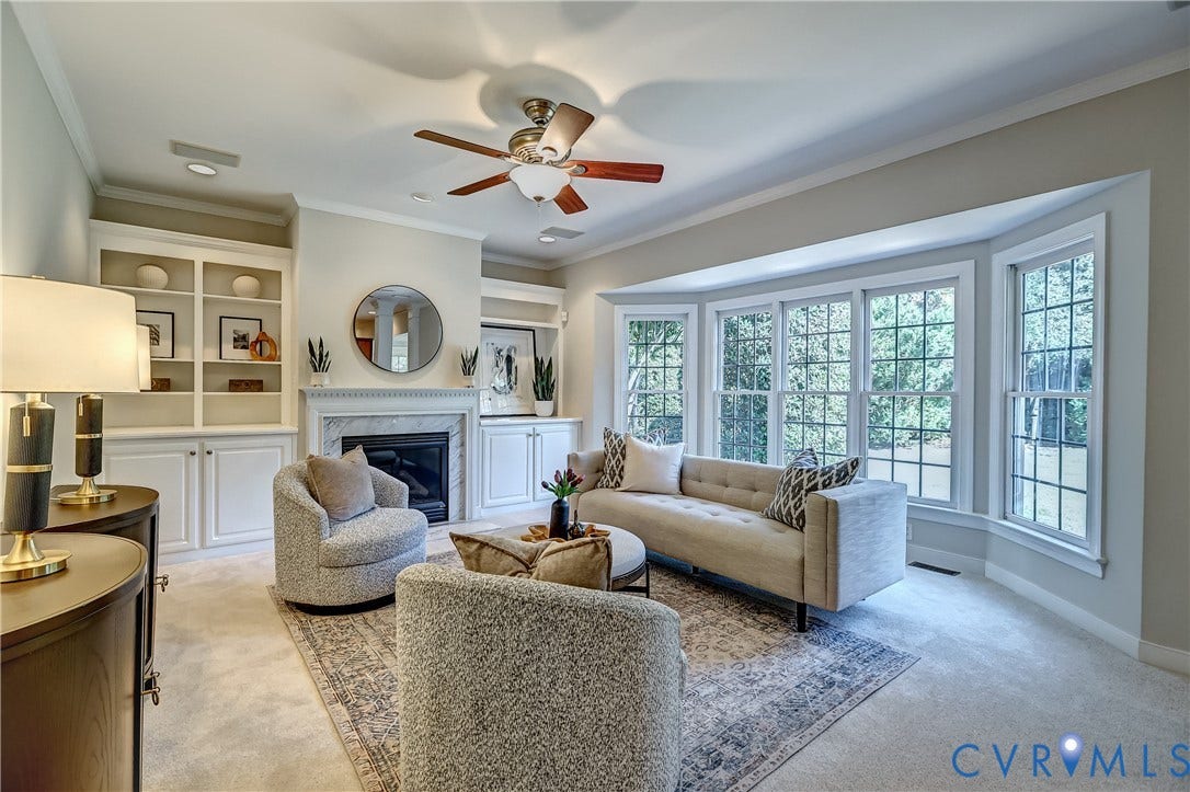 5204 Harvest Glen Drive, Twin Hickory, Glen Allen, VA 23059 Built-in shelving and cabinetry, fireplace with a stone surround, multi-panel bay window, ceiling fan, and recessed lighting