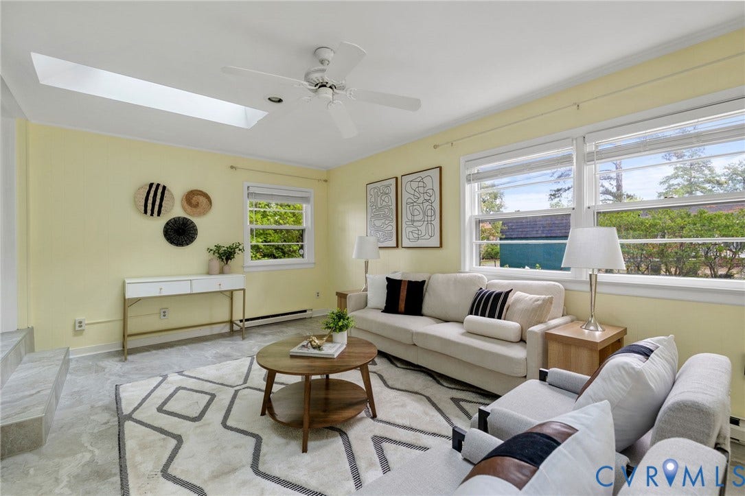 Skylights, ceiling fan, and sliding glass door