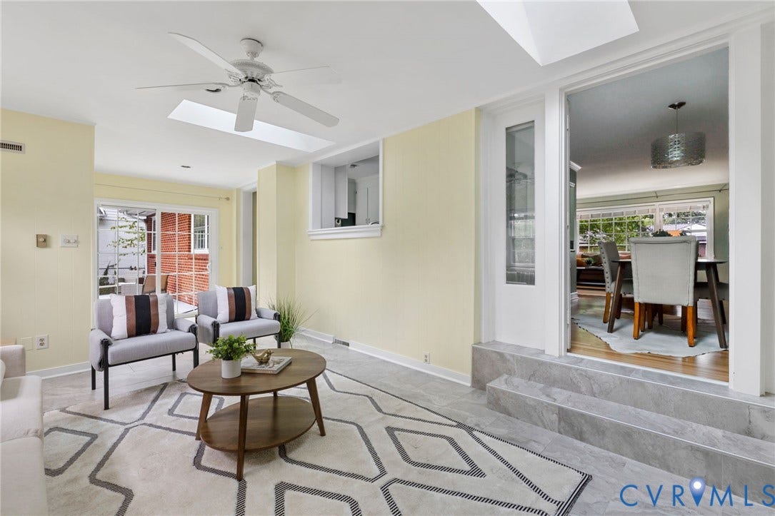 Skylights, ceiling fan, and sliding glass door