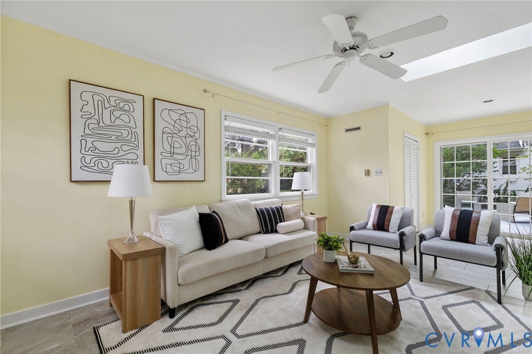 Skylights, ceiling fan, and sliding glass door