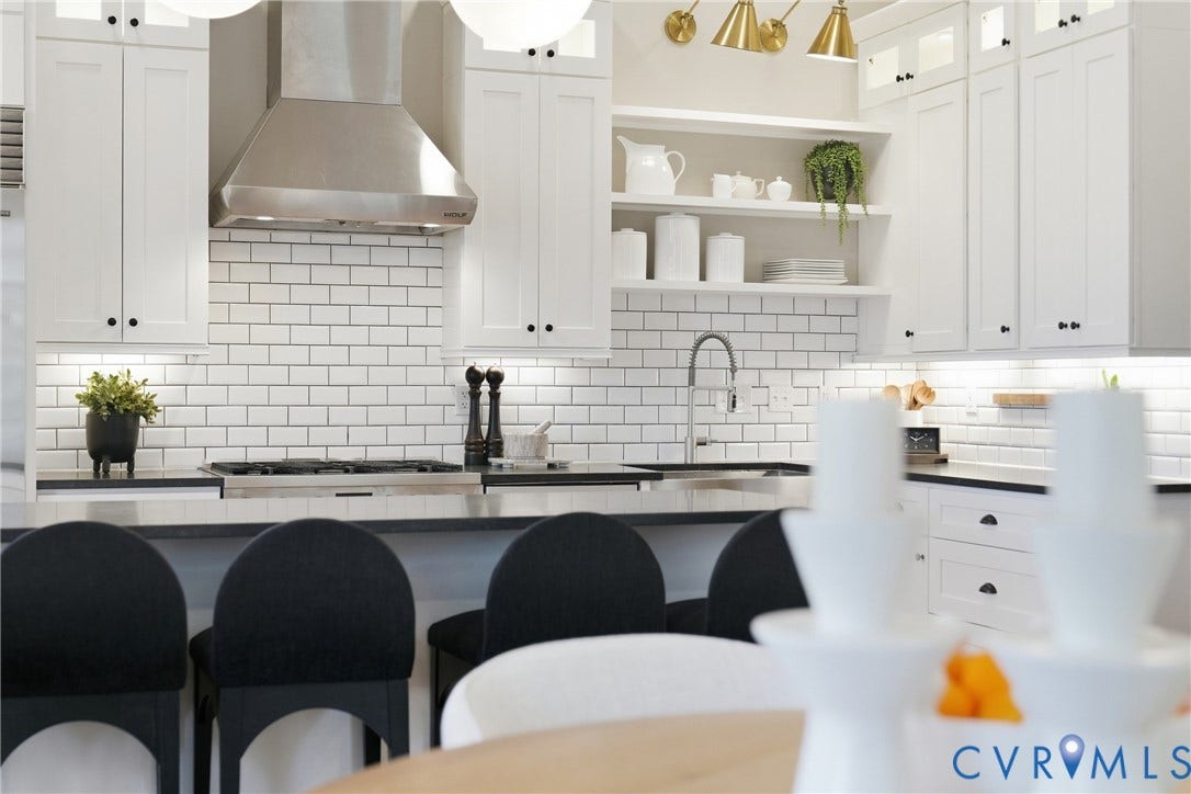 1848 W Grace Street, Historic W. Grace Street, Richmond, VA 23220 White shaker cabinetry, subway tile backsplash, stainless steel range hood, open shelving, and integrated kitchen sink