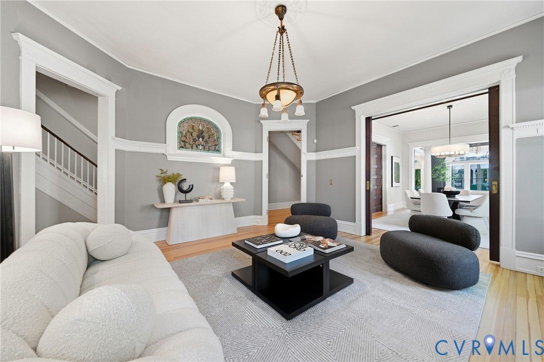1848 W Grace Street, Historic W. Grace Street, Richmond, VA 23220 Hardwood flooring, decorative trim, recessed lighting, chandelier, and a built-in stained glass feature