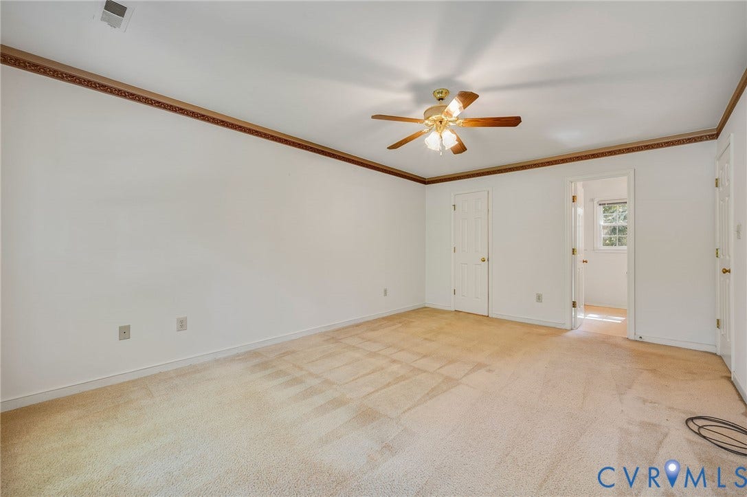 3005 Wiltonshire Drive, Richmond, VA 23233 Spacious room featuring neutral carpeting, white painted walls, and a ceiling fan with integrated lighting