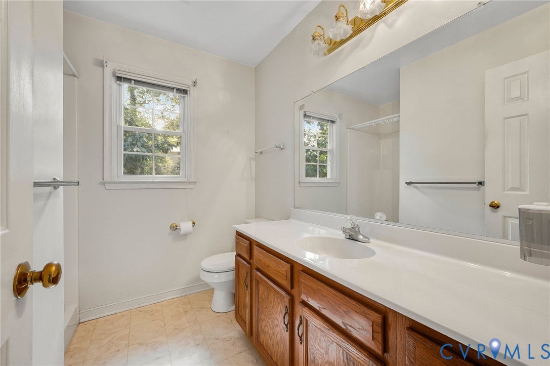 3005 Wiltonshire Drive, Richmond, VA 23233 Bathroom with a single vanity, wood-finish cabinetry, and a large wall-mounted mirror
