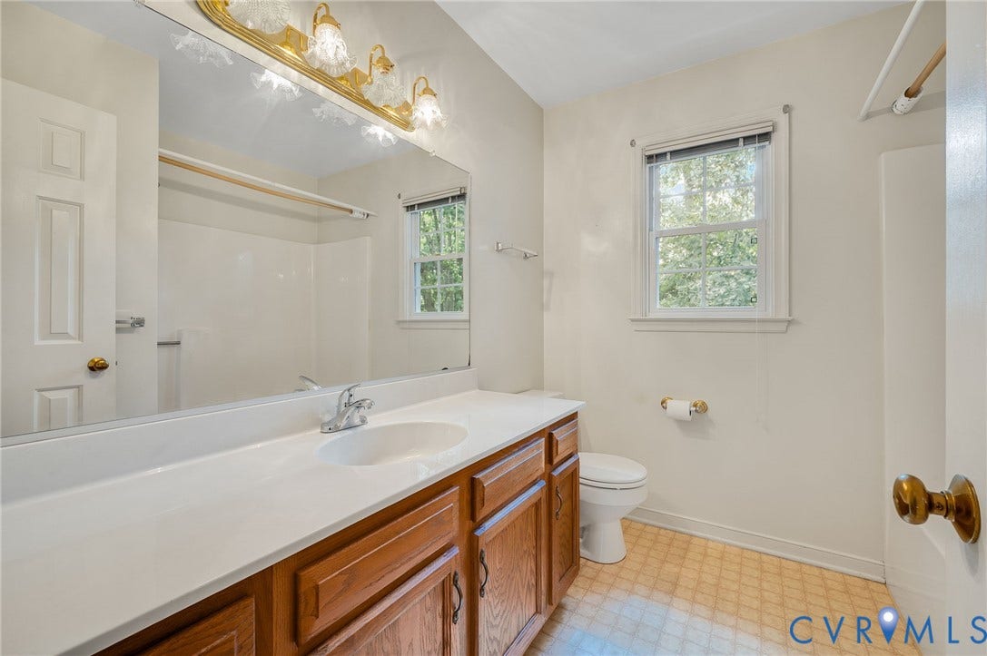 3005 Wiltonshire Drive, Richmond, VA 23233 Vanity with integrated sink, wood-finish cabinetry, and an expansive wall-mounted mirror