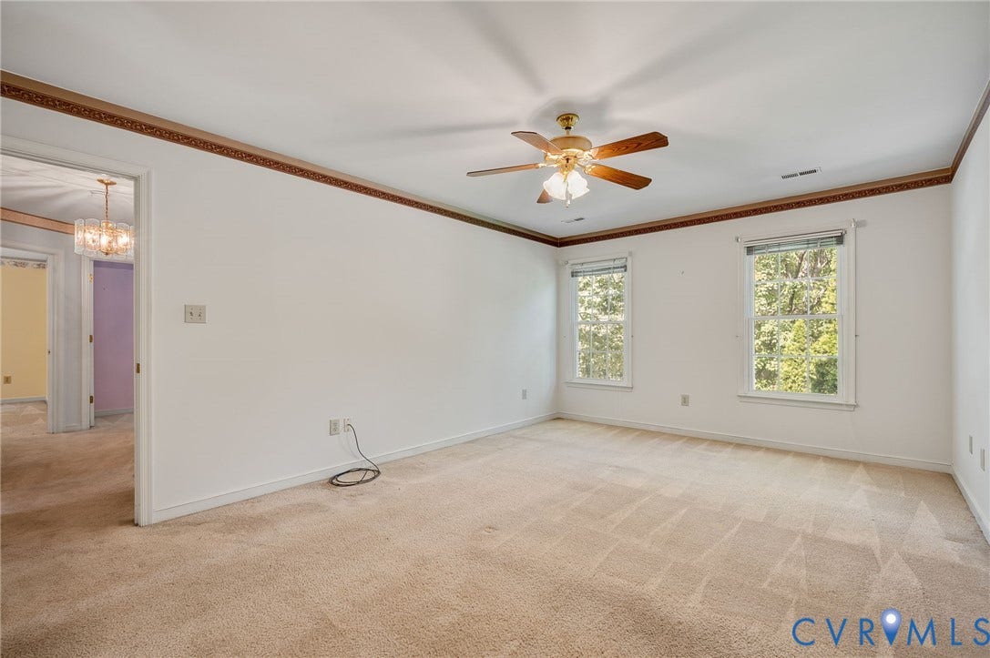 3005 Wiltonshire Drive, Richmond, VA 23233 Spacious room with plush carpet flooring, a ceiling fan with integrated lighting, and two windows providing ample natural light