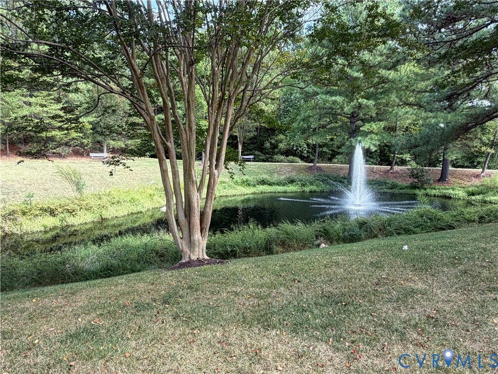 Pond with a central fountain, surrounded by lush green foliage and mature trees