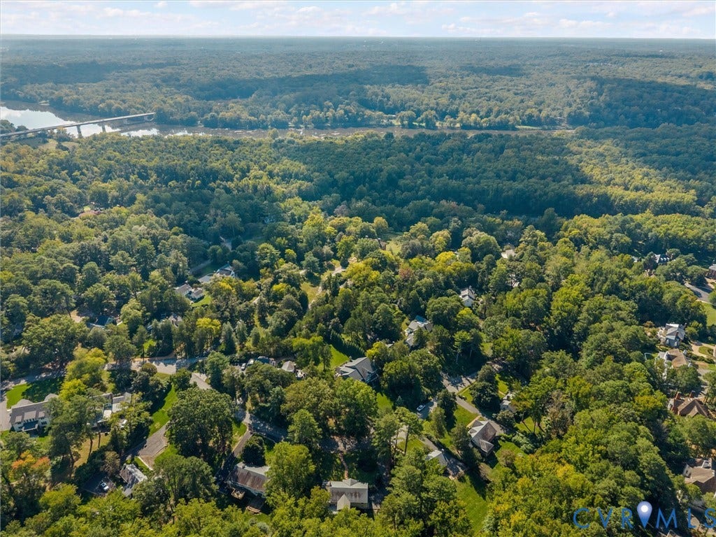 216 Ross Road, Westham Area, Henrico, VA 23229 Expansive tree canopy with residential properties, surrounded by a broad river and distant bridge
