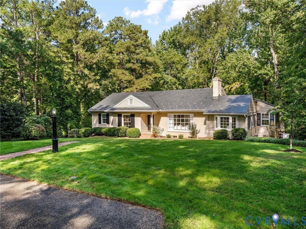 216 Ross Road, Westham Area, Henrico, VA 23229 Ranch-style residence featuring a brick chimney, exterior siding, and a gabled roof