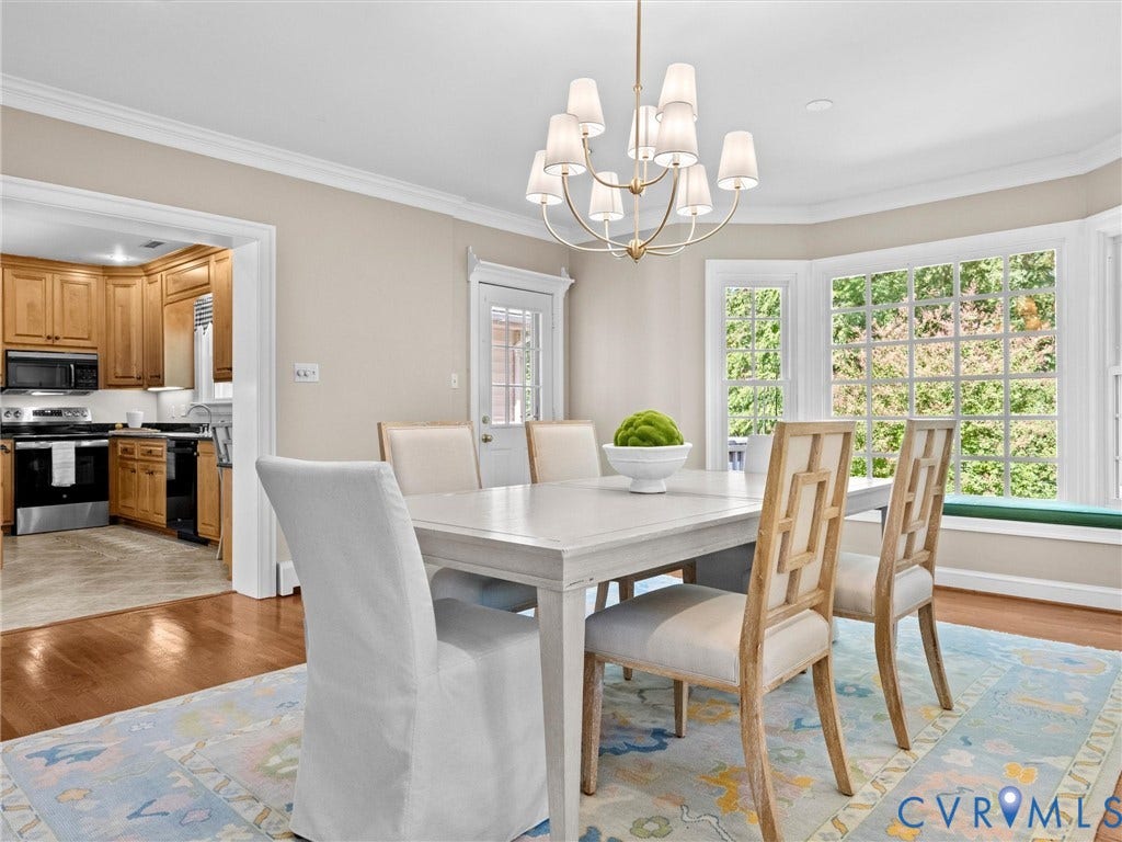 216 Ross Road, Westham Area, Henrico, VA 23229 Hardwood flooring, kitchen with wood cabinetry and stainless steel appliances, bay window with integrated bench seating, and an overhead chandelier with multiple sconces