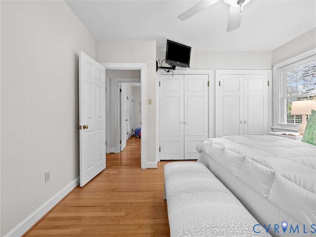 216 Ross Road, Westham Area, Henrico, VA 23229 Wood-finish flooring, white paneled doors, ceiling fan, and window with white blinds