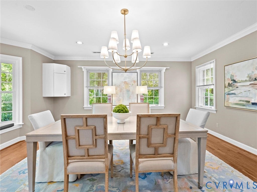 216 Ross Road, Westham Area, Henrico, VA 23229 Formal dining space featuring recessed lighting, a chandelier light fixture, multiple windows, and wood-finish flooring