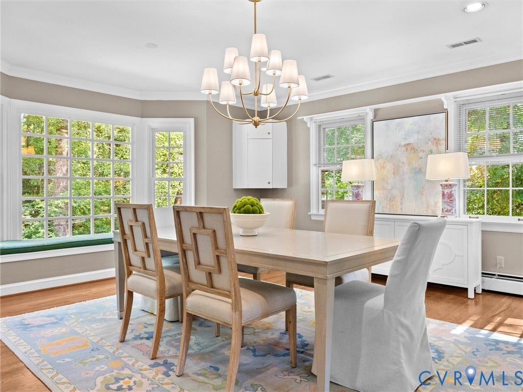 216 Ross Road, Westham Area, Henrico, VA 23229 Dining space featuring a multi-pane bay window with a window seat, a gold-tone chandelier, and wood-finish flooring