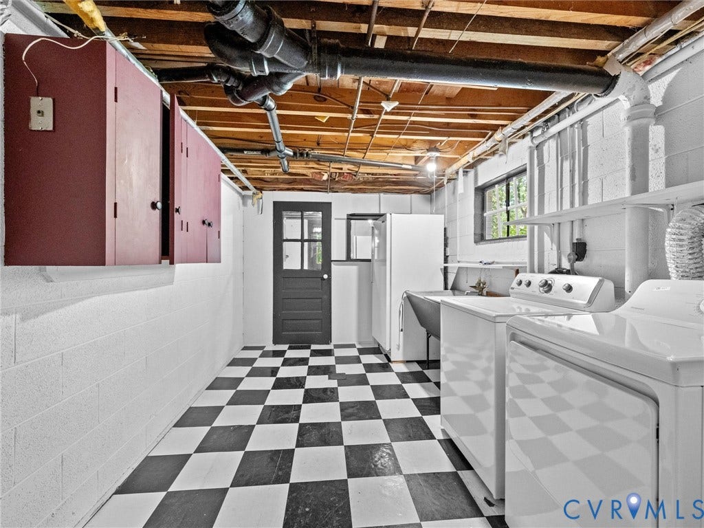 216 Ross Road, Westham Area, Henrico, VA 23229 Basement utility space featuring checkered flooring, exposed wood beam ceiling, block walls, and a utility sink