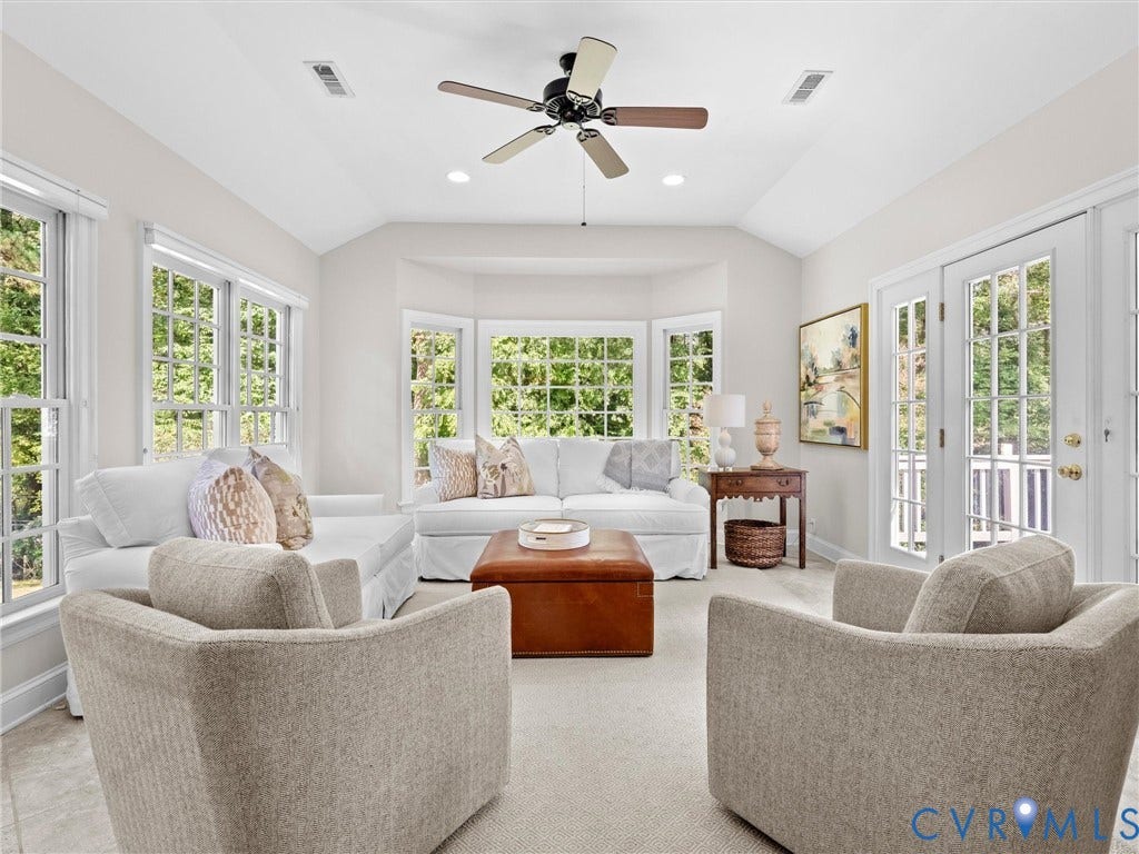216 Ross Road, Westham Area, Henrico, VA 23229 Recessed lighting, ceiling fan, bay window, French doors, and light-colored carpeting