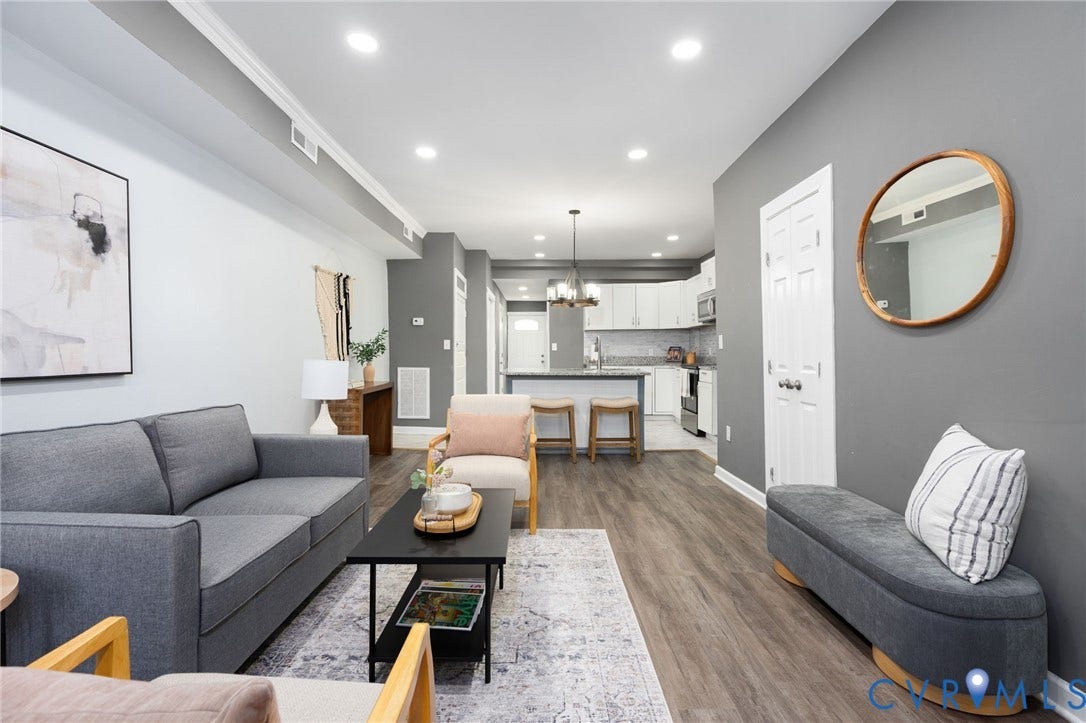 Recessed lighting, wood-finish flooring, and crown molding