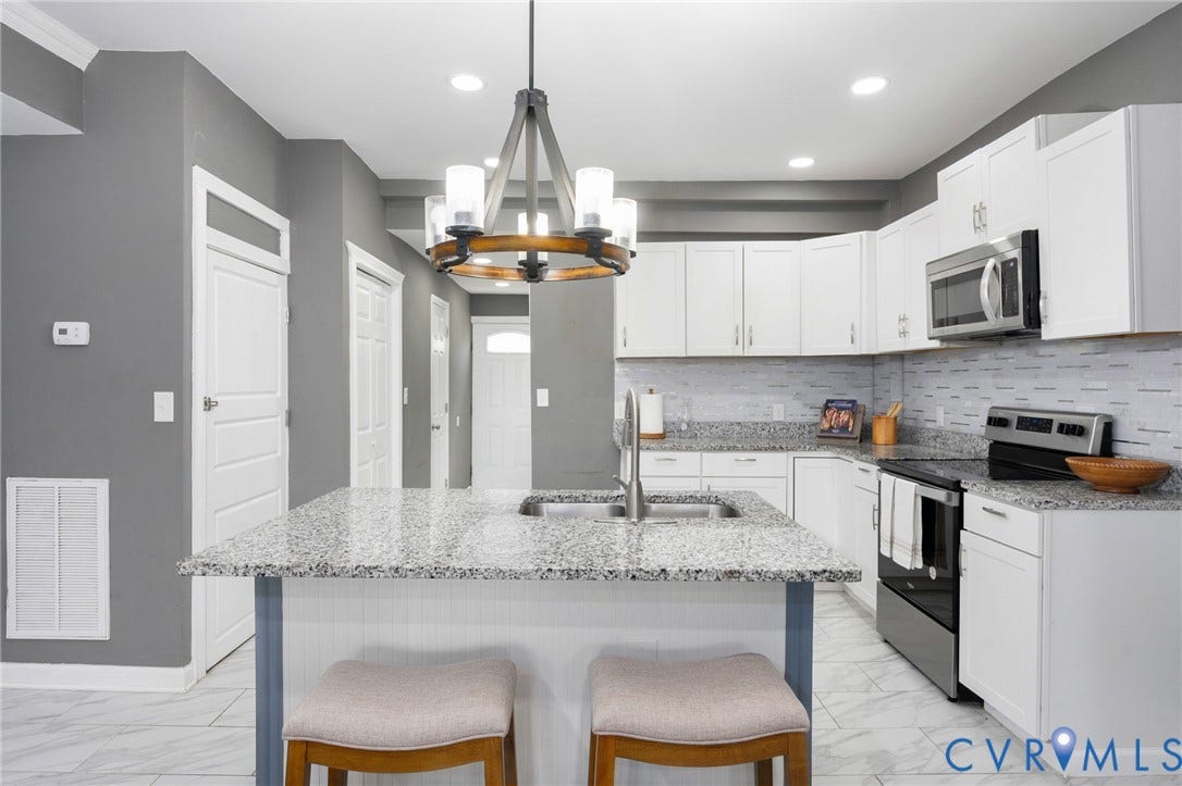 Kitchen featuring an island with a double basin sink, white cabinetry, a tile backsplash, and recessed lighting