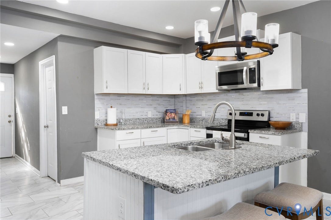 Kitchen featuring white cabinetry, stainless steel appliances, granite countertops, and tile backsplash