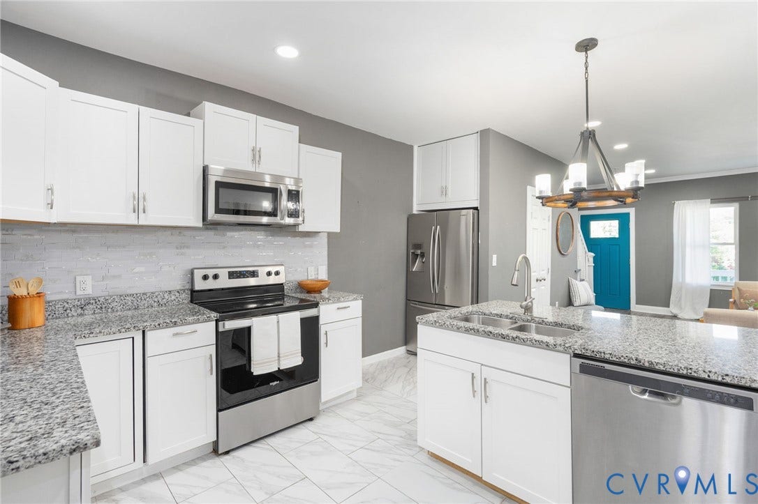 Contemporary kitchen featuring white cabinetry, stainless steel appliances, granite countertops, and a tile backsplash