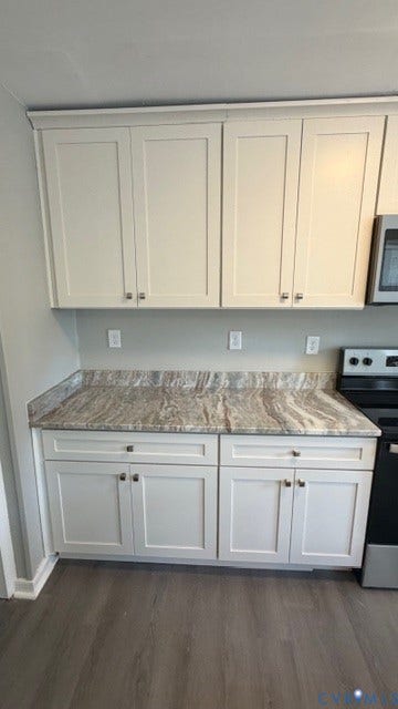 1424 Decatur Street, Rhodes Plan, Richmond, VA 23224 White shaker-style cabinetry with crown molding, stone-finish countertops, and wood-finish flooring