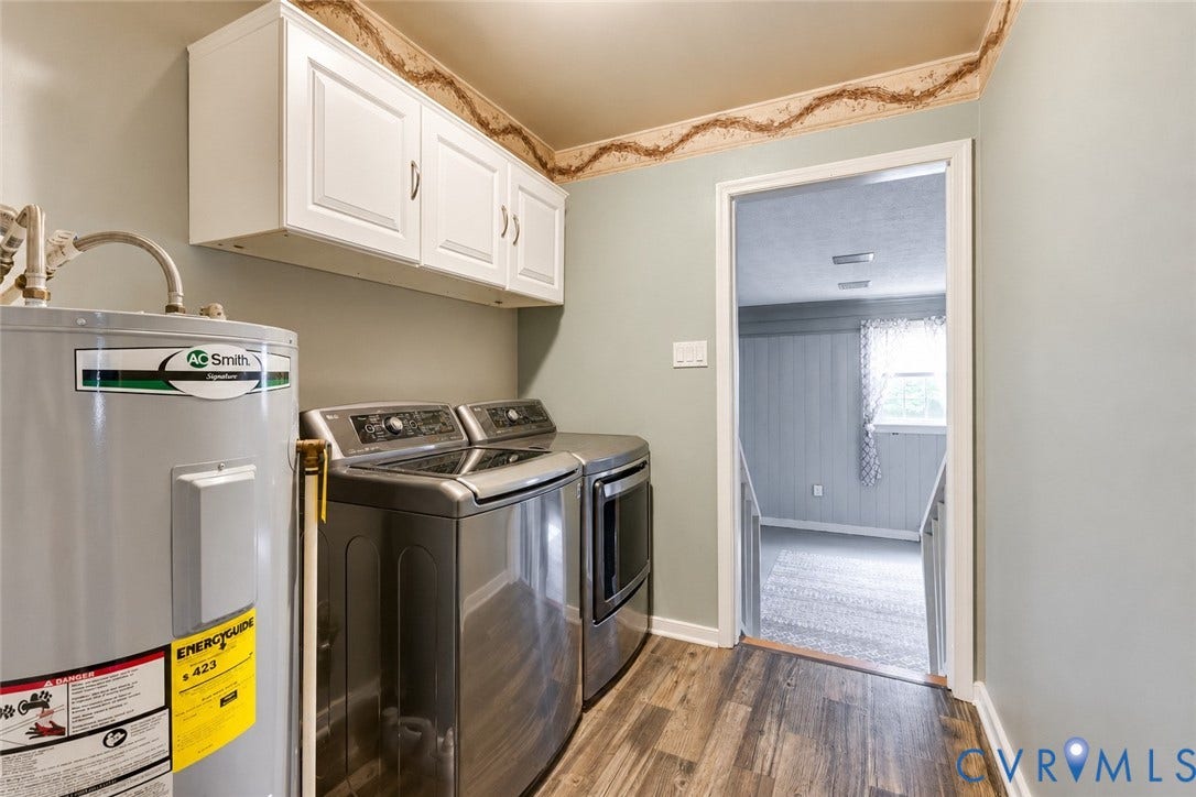 White cabinetry, wood-finish flooring, and light gray walls