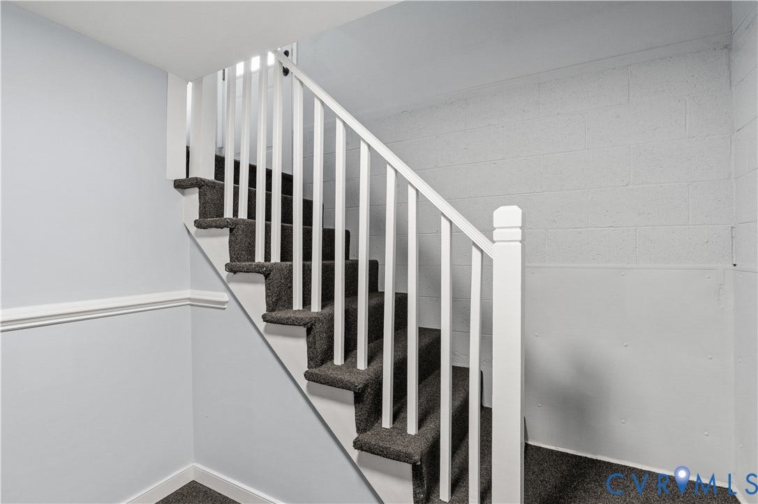 5221 Ecoff Avenue, Chester, VA 23831 Staircase featuring dark gray carpeted treads, white painted risers, and a white baluster and handrail system