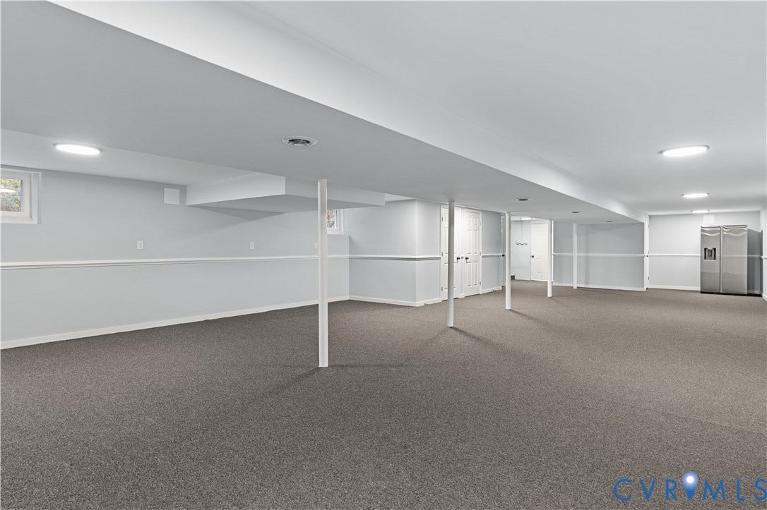 5221 Ecoff Avenue, Chester, VA 23831 Spacious finished lower level with carpeted flooring, recessed lighting, and multiple storage closets