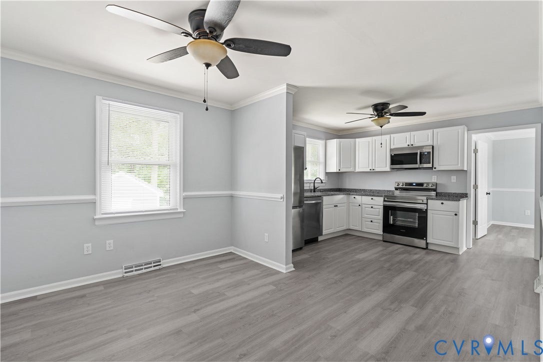 5221 Ecoff Avenue, Chester, VA 23831 Open-concept layout with wood-finish flooring, white cabinetry, and stainless steel appliances