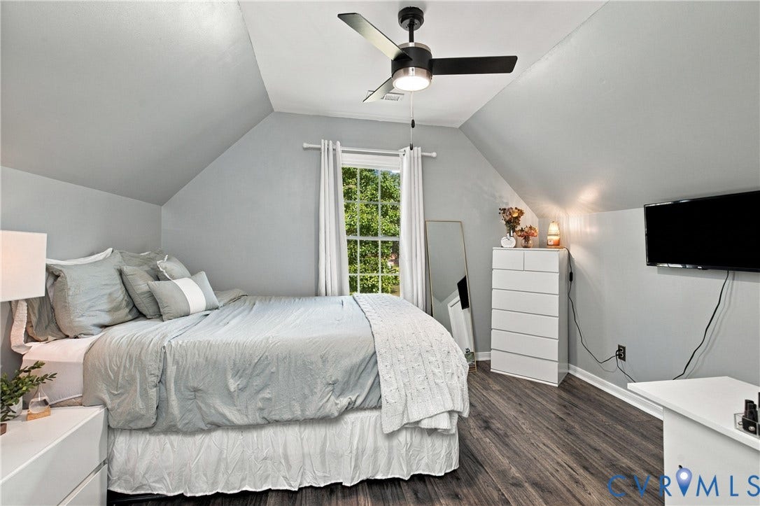 7625 Southford Lane, Chesterfield, VA 23832 Angled ceiling lines with recessed lighting, wood-finish flooring, a window with natural light, and a ceiling fan with integrated lighting