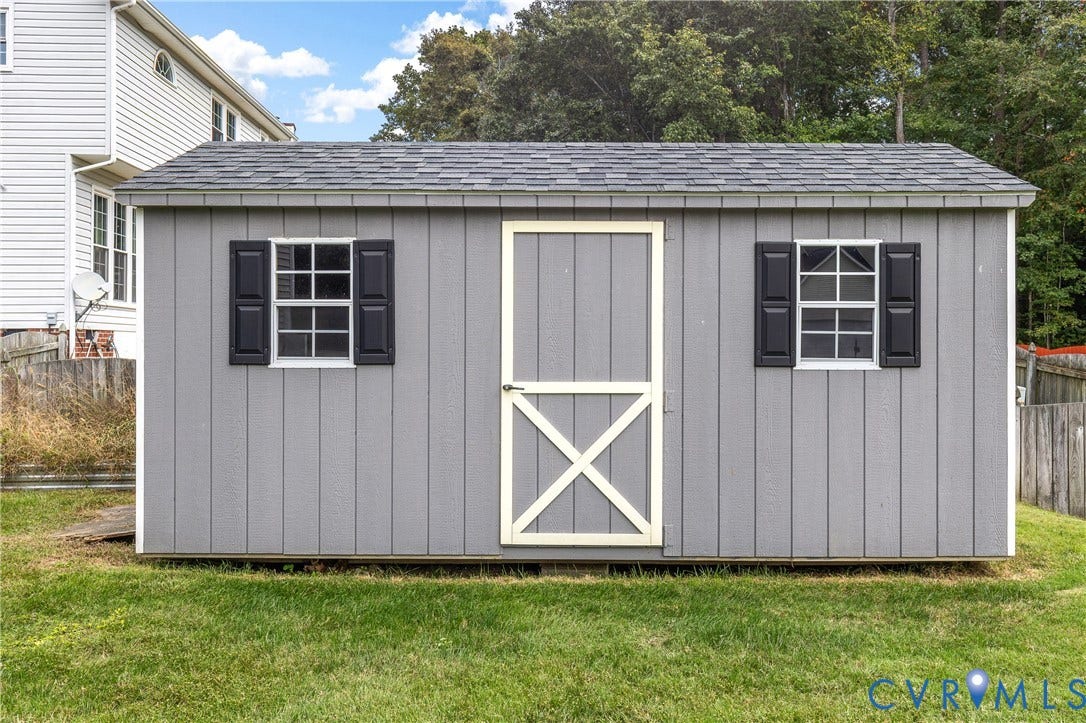 7625 Southford Lane, Chesterfield, VA 23832 Detached shed featuring vertical siding, a shingle roof, two windows with shutters, and a cross-brace door