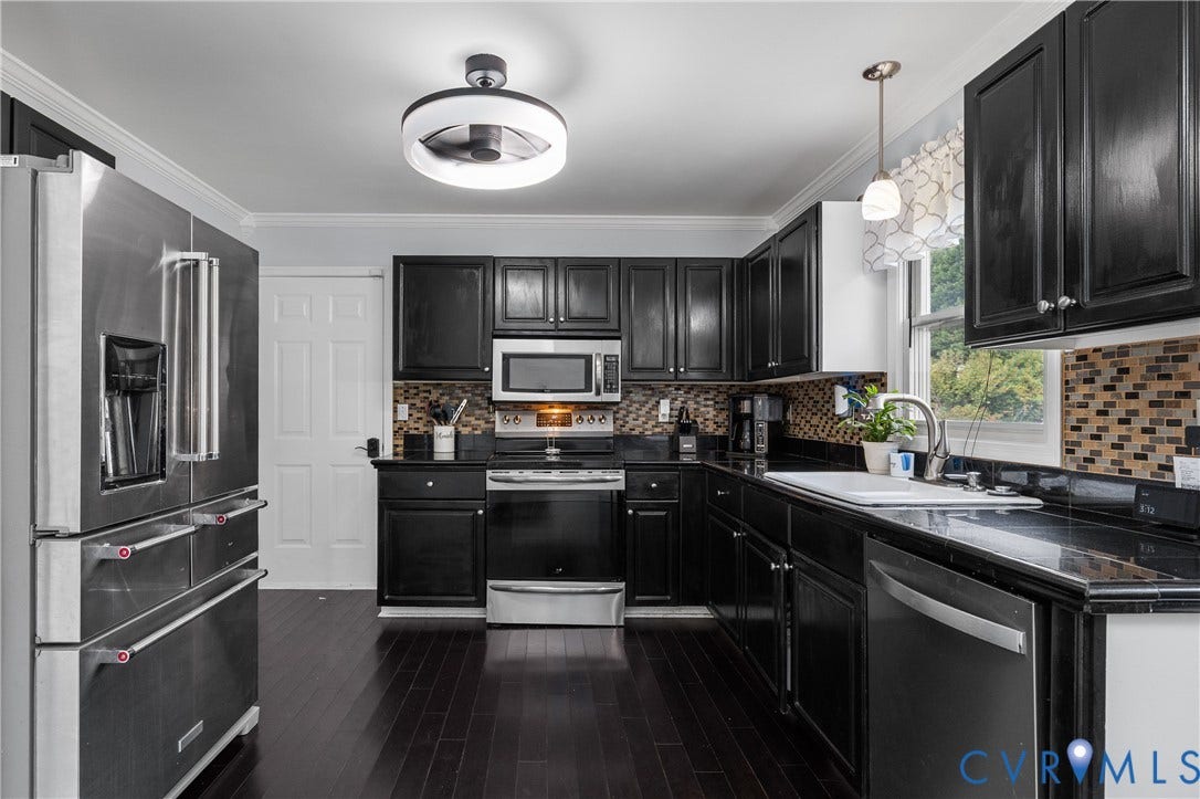 7625 Southford Lane, Chesterfield, VA 23832 Kitchen featuring dark wood-finish flooring, dark cabinetry, stainless steel appliances, and a mosaic tile backsplash