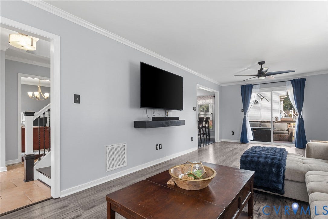 7625 Southford Lane, Chesterfield, VA 23832 Wood-finish flooring, crown molding, modern ceiling fan, sliding glass door, and built-in floating shelf