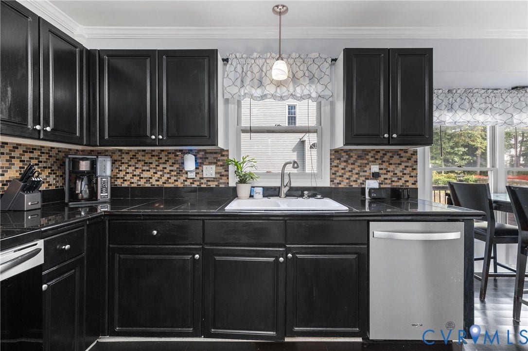 7625 Southford Lane, Chesterfield, VA 23832 Kitchen featuring black cabinetry, dark countertops, a mosaic tile backsplash, stainless steel dishwasher, and an undermount double basin sink