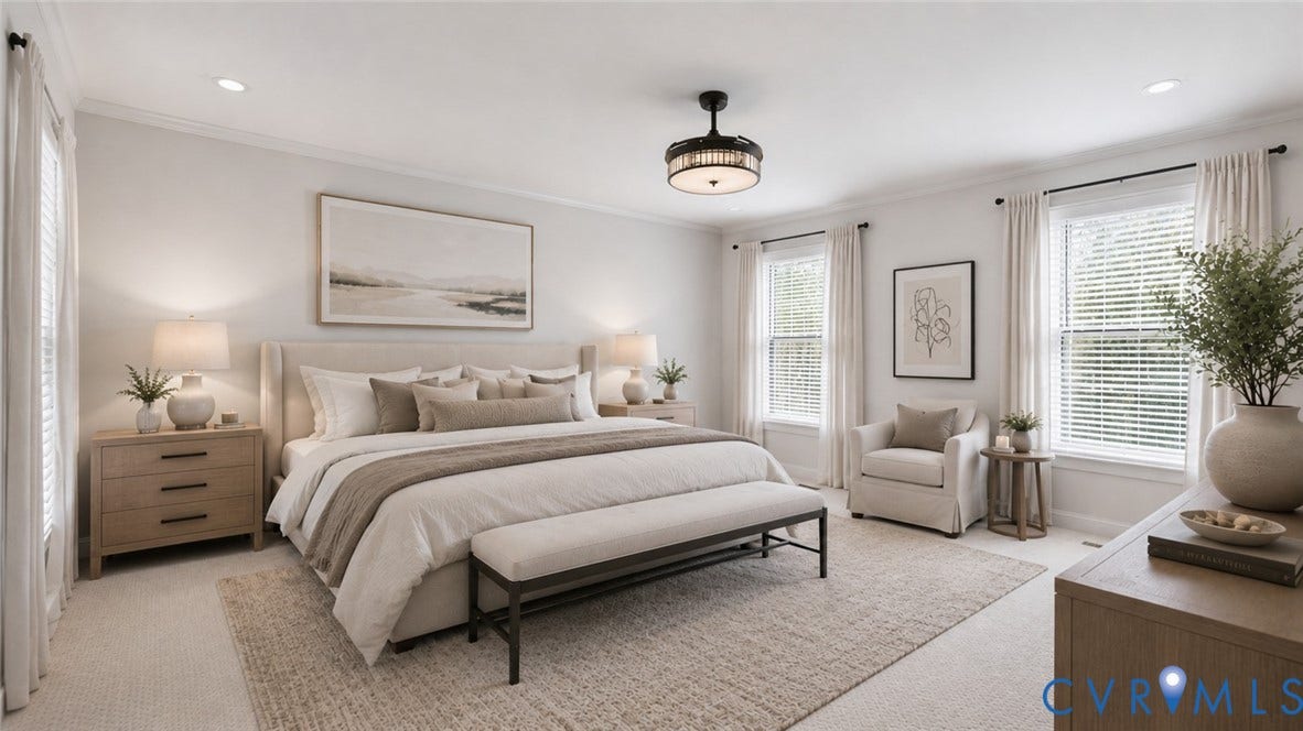 Recessed lighting, crown molding, double windows, ceiling fan with light fixture, and neutral wall tones
