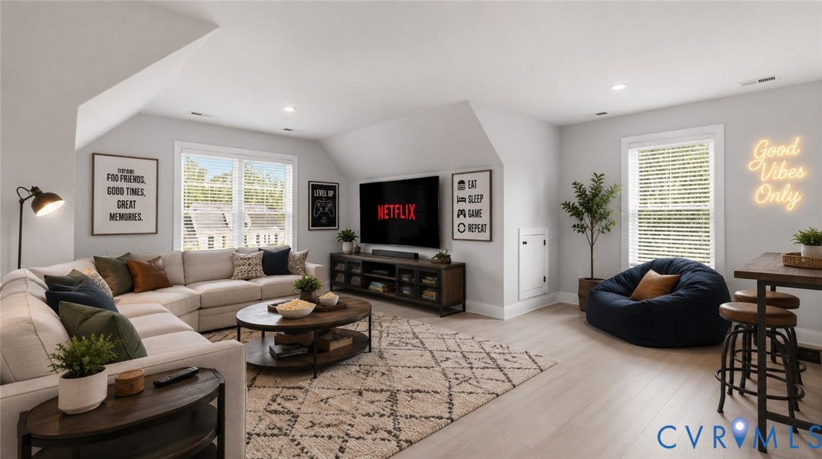 Spacious bonus room featuring light wood-finish flooring, recessed lighting, and multiple windows with blinds