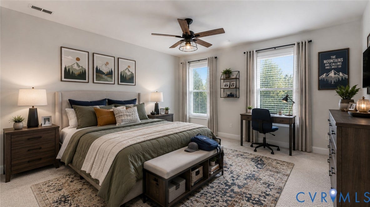 Recessed lighting, wood-finish ceiling fan, and light-toned carpeting