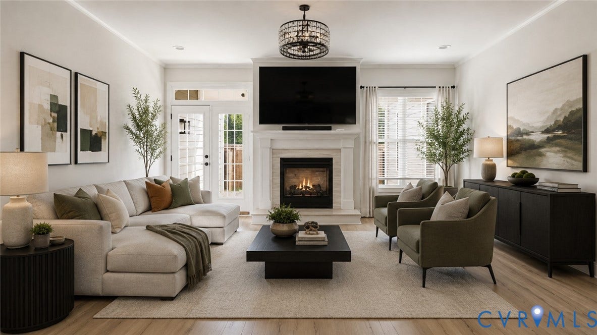 Wood-finish flooring with a neutral area rug