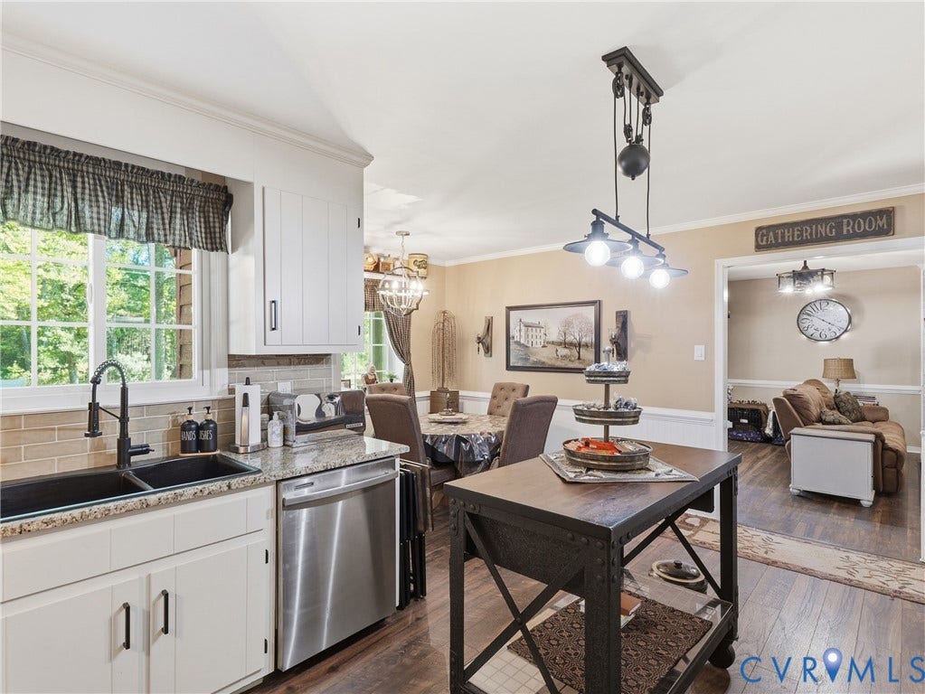6723 Bull Hill Road, Prince George, VA 23875 Kitchen featuring white cabinetry, stone-surface countertops, dual-basin undermount sink with a high-arch faucet, and wood-finish flooring