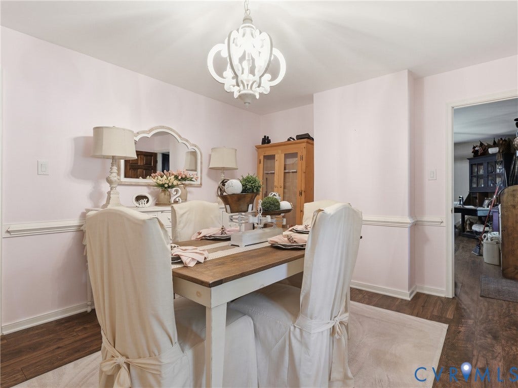 6723 Bull Hill Road, Prince George, VA 23875 Dining area featuring decorative chair rail molding, wood-finish flooring, and a multi-arm chandelier